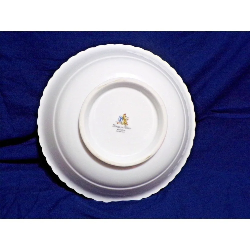 Konigl pr tettau Porcelain Dinnerware Serving Bowl  Blue & Green Roses Silver Tr
